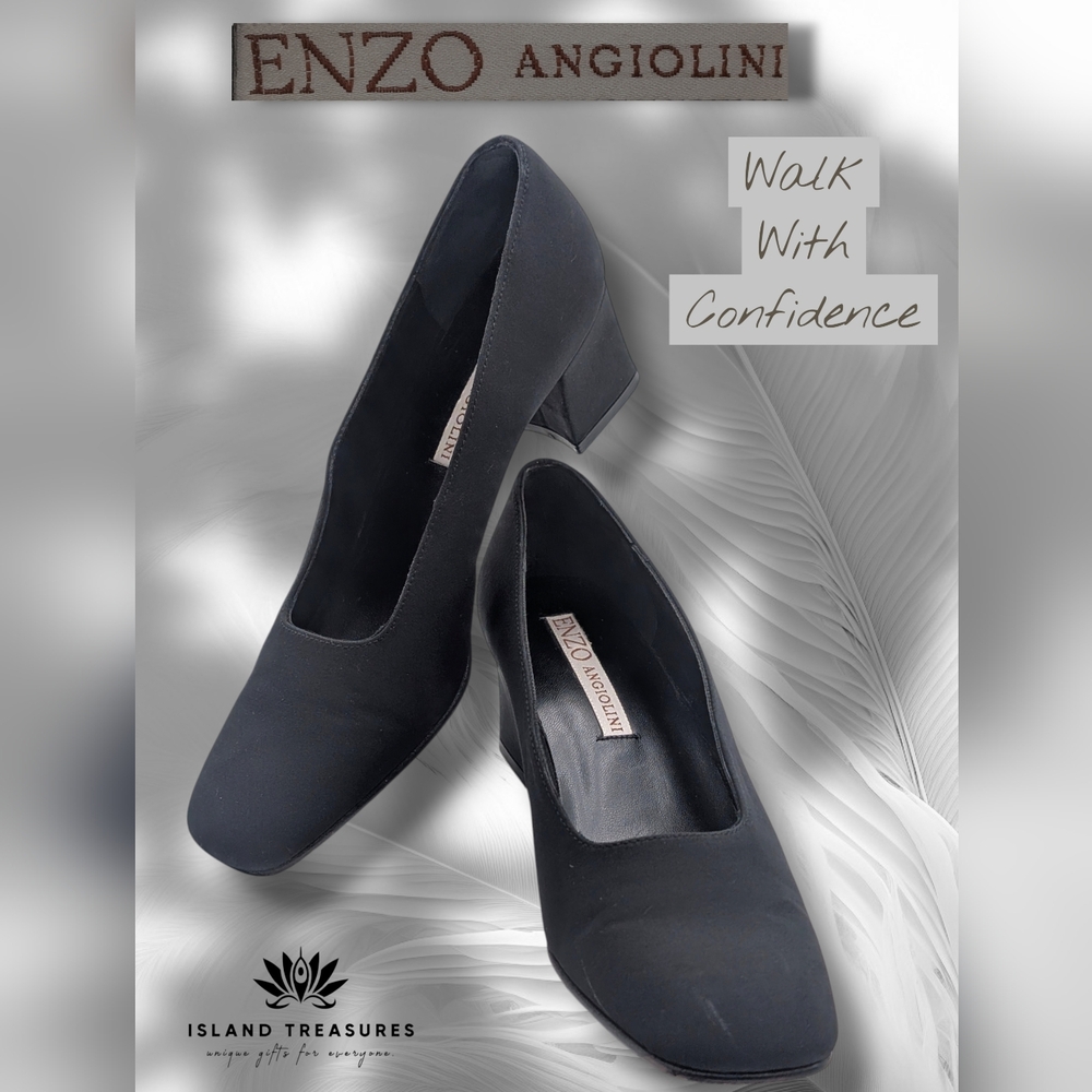Enzo Angiolini Classic Matte Black Dress Heels Sz 7.5N Square Toe Block Heel
